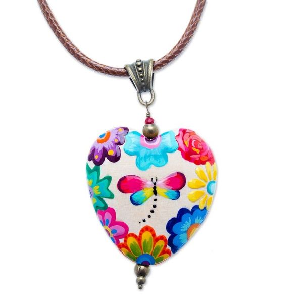 Alternate image for Hand-Painted Floral Dragonfly Pinewood Pendant Necklace Resilient Realm