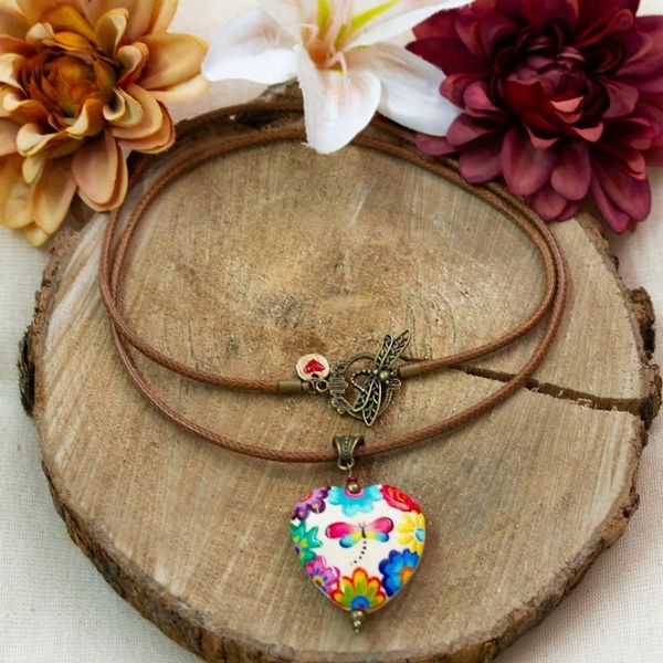 Alternate image for Hand-Painted Floral Dragonfly Pinewood Pendant Necklace Resilient Realm