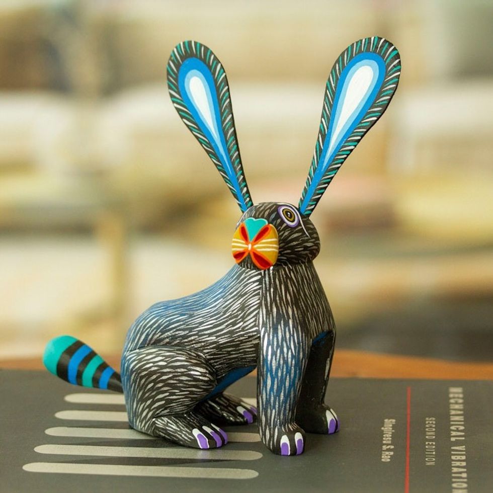 Blue and Black Copal Wood Alebrije Bunny Figurine 'Fluffy Midnight Ears'