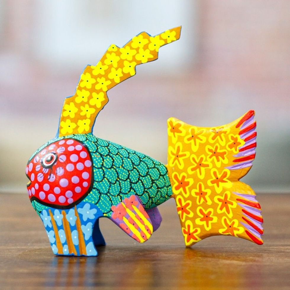 Colorful Wood Fish Alebrije Figurine Hand-Painted in Mexico 'Petite Fish in Aqua'