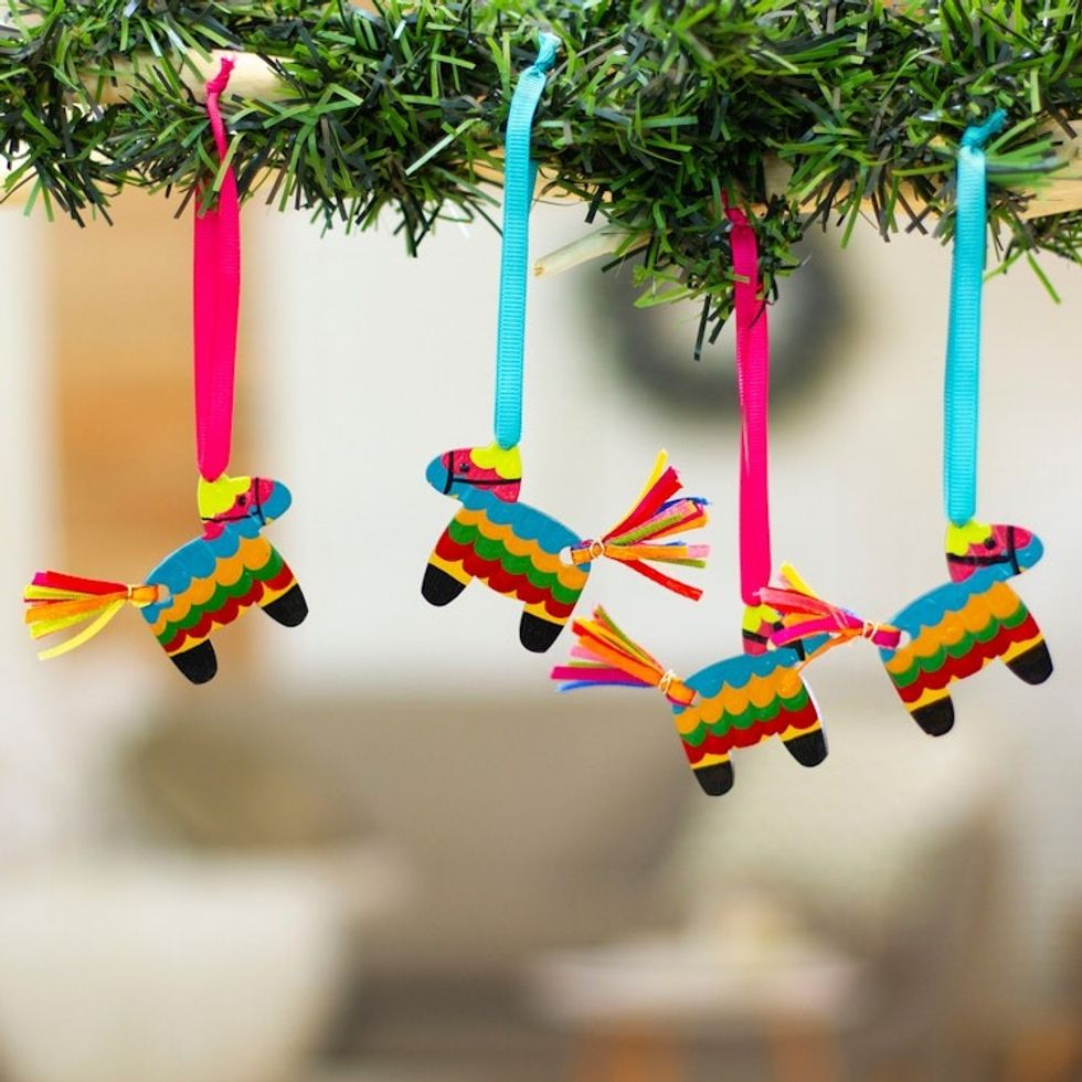 Set of 4 Hand-Painted Piata-Themed Colorful Wood Ornaments 'Vivacious Donkey'