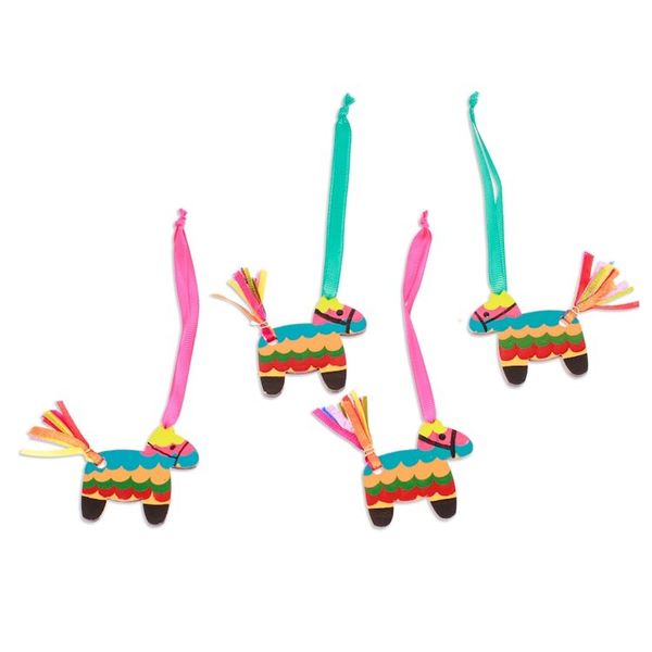 Alternate image for Set of 4 Hand-Painted Piata-Themed Colorful Wood Ornaments Vivacious Donkey