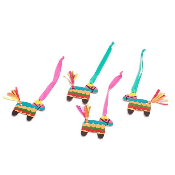 Alternate image for Set of 4 Hand-Painted Piata-Themed Colorful Wood Ornaments Vivacious Donkey