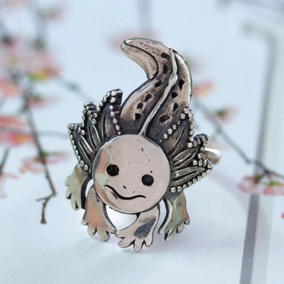 Polished and Oxidized Sterling Silver Axolotl Wrap Ring 'Axolotl Spirit'