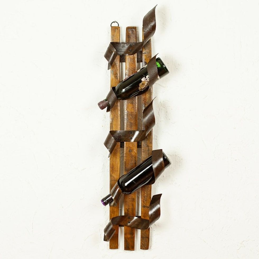 Wood Barrel Stave Wine Bottle Holder from Mexico 'Grapevine Spirals'