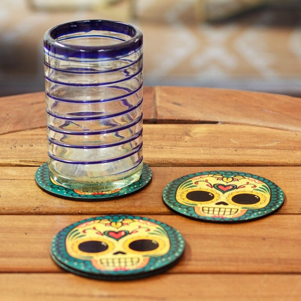 4 Decoupage Pinewood Coasters with Day of the Dead Motifs 'La Catrina'