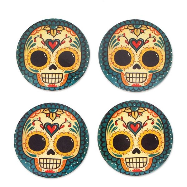 Alternate image for 4 Decoupage Pinewood Coasters with Day of the Dead Motifs La Catrina