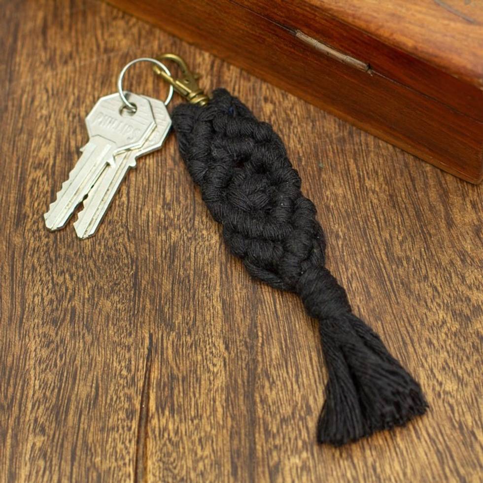 Mexican Recycled Cotton Macrame Keychain in Black 'Black Structure'