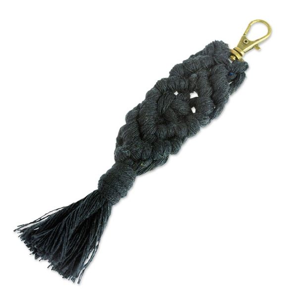 Alternate image for Mexican Recycled Cotton Macrame Keychain in Black Black Structure