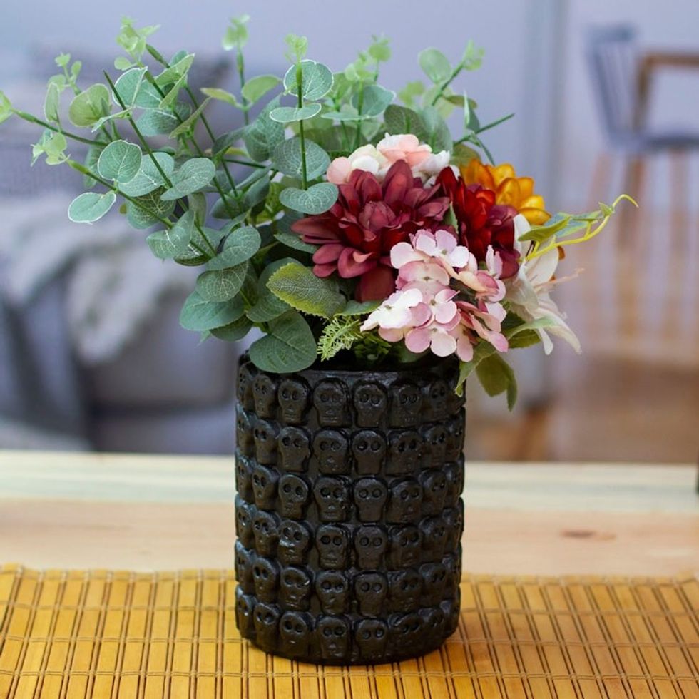 Skull-Patterned Black Ceramic Flower Pot from Mexico 'Rows of Dark Skulls'