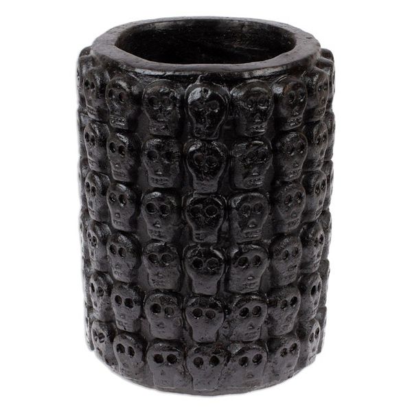 Alternate image for Skull-Patterned Black Ceramic Flower Pot from Mexico Rows of Dark Skulls