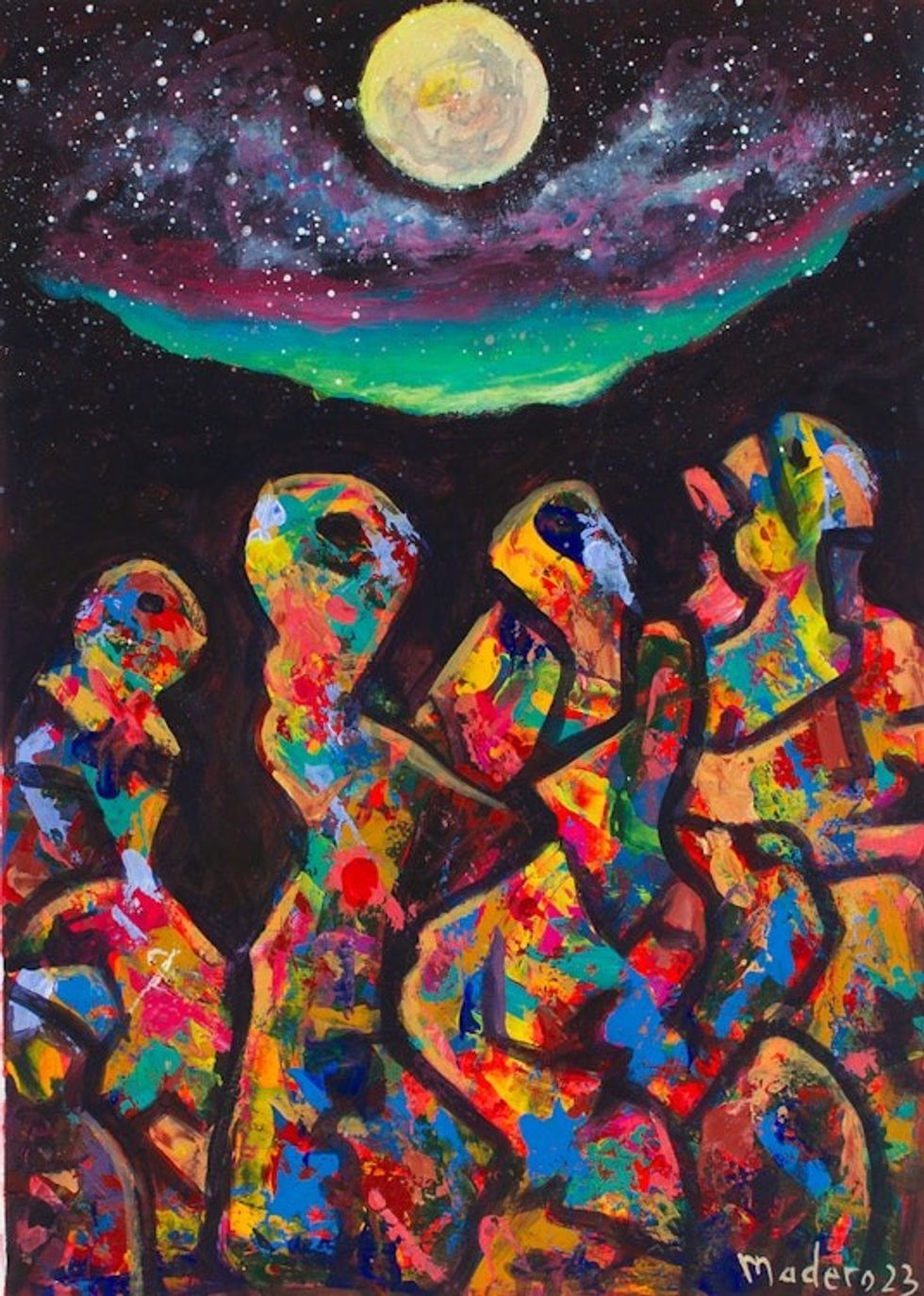 Signed Expressionist Colorful Acrylic Nightscape Painting 'Dance Under the Moon'