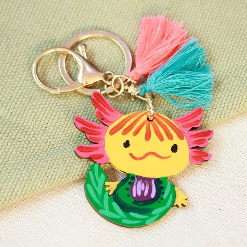 Hand-Painted Axolotl-Themed Wood Keychain and Bag Charm 'Aquatic Friend'