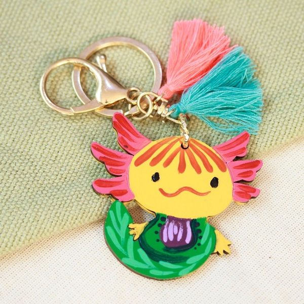 Alternate image for Hand-Painted Axolotl-Themed Wood Keychain and Bag Charm Aquatic Friend