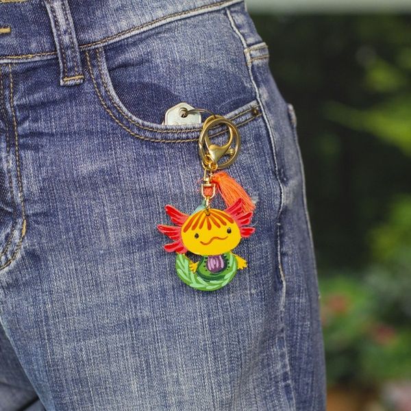 Alternate image for Hand-Painted Axolotl-Themed Wood Keychain and Bag Charm Aquatic Friend