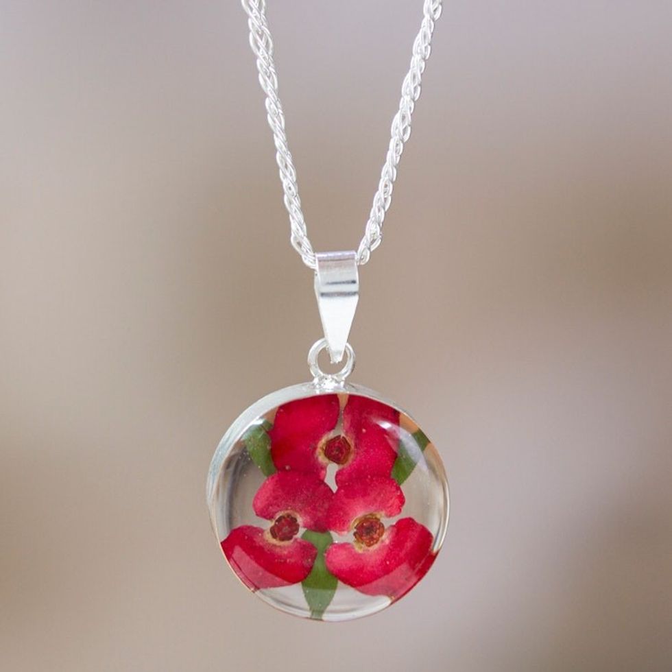 Round Natural Flower Pendant Necklace from Mexico 'Crown Luck'