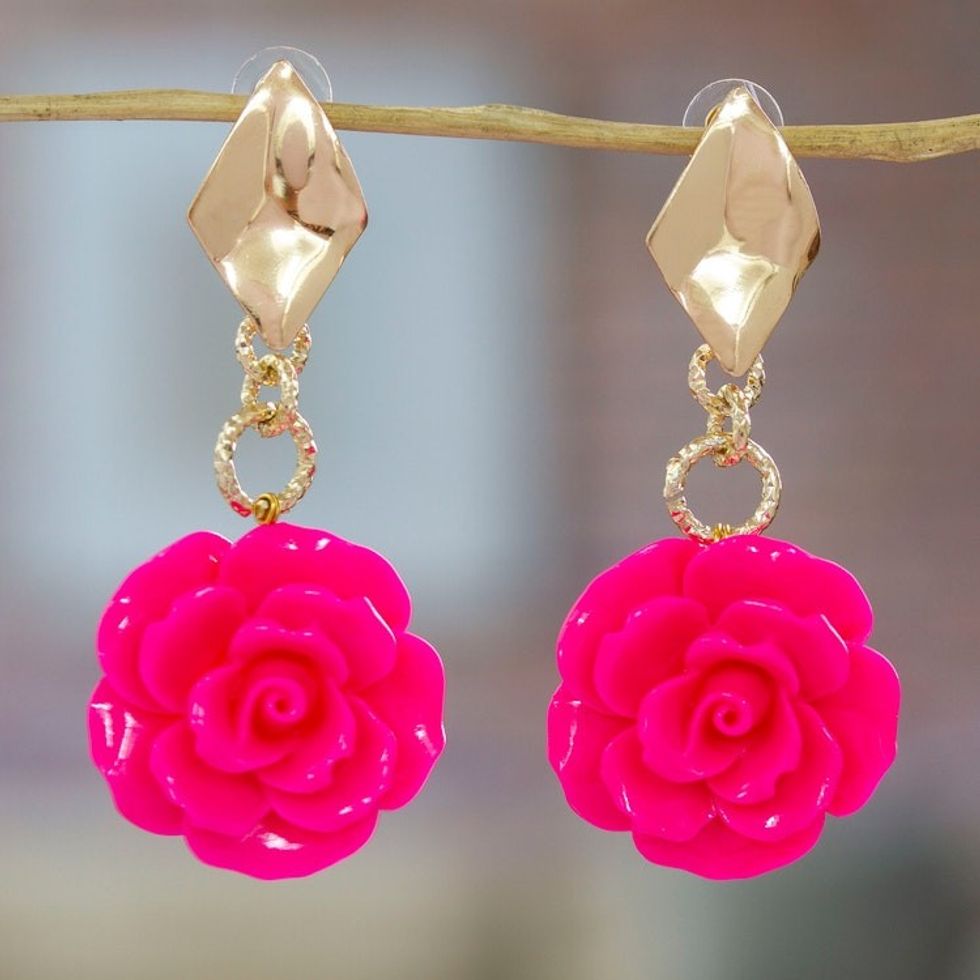Rose-Themed 24k Gold-Plated Resin Dangle Earrings in Azalea 'The Azalea Belle'