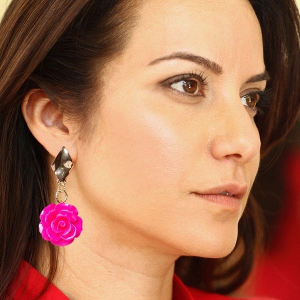 Alternate image for Rose-Themed 24k Gold-Plated Resin Dangle Earrings in Azalea The Azalea Belle
