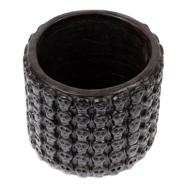 Alternate image for Handcrafted Skull-Patterned Round Black Ceramic Flower Pot Portal to the Dark Afterlife