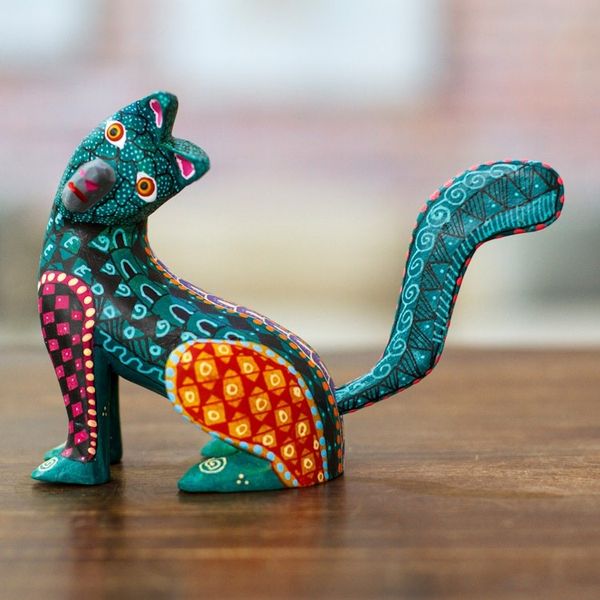 Alternate image for Wood Cat Alebrije Figurine in Green Hand-Painted in Mexico Curious Cat in Green
