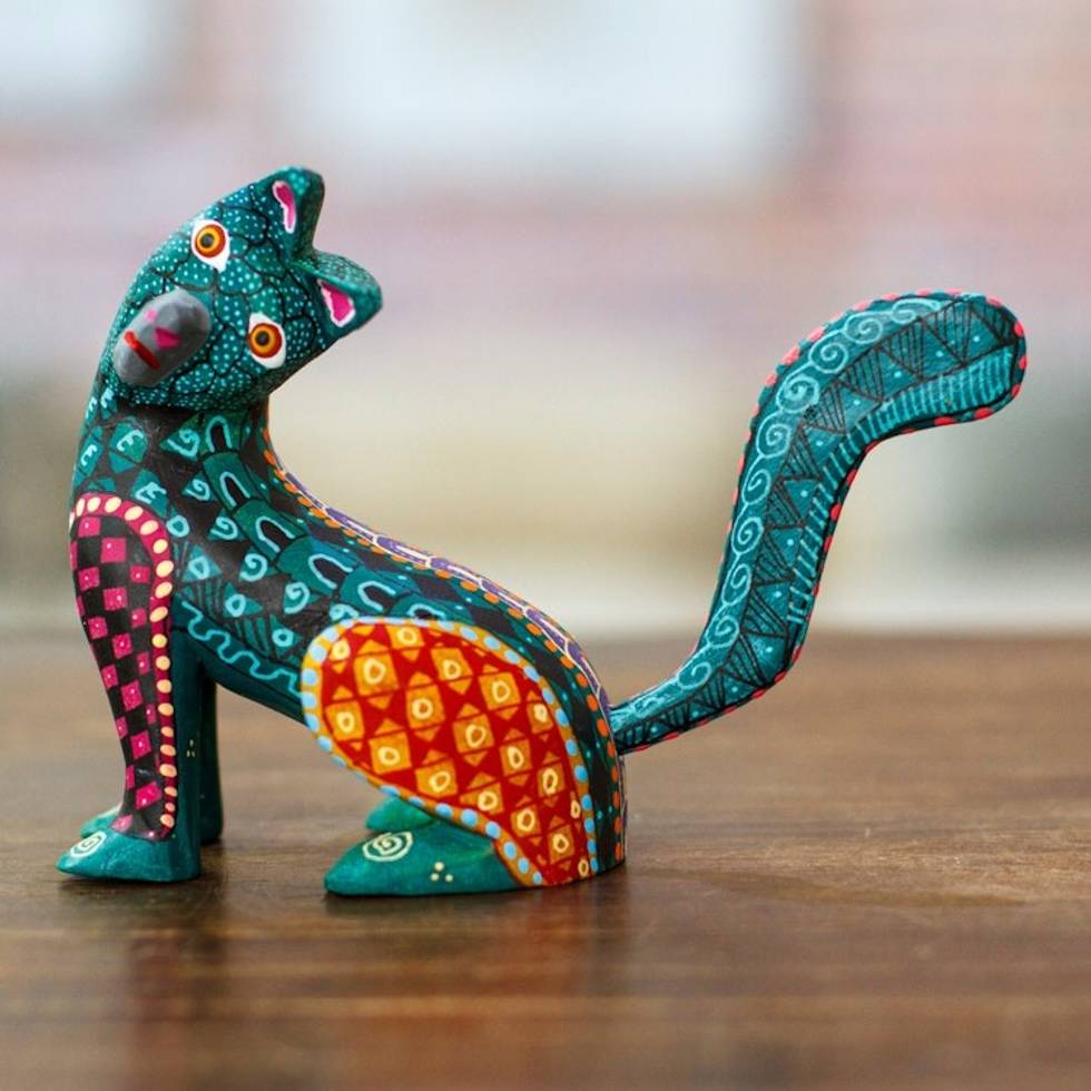 Wood Cat Alebrije Figurine in Green Hand-Painted in Mexico 'Curious Cat in Green'