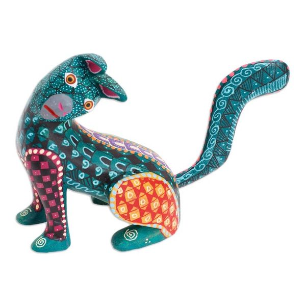 Alternate image for Wood Cat Alebrije Figurine in Green Hand-Painted in Mexico Curious Cat in Green