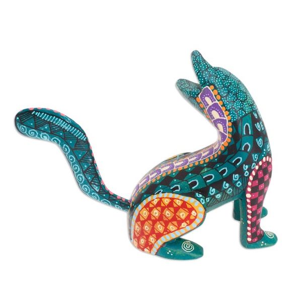 Alternate image for Wood Cat Alebrije Figurine in Green Hand-Painted in Mexico Curious Cat in Green