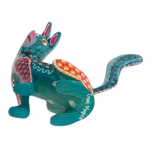Alternate image for Wood Cat Alebrije Figurine in Green Hand-Painted in Mexico Curious Cat in Green