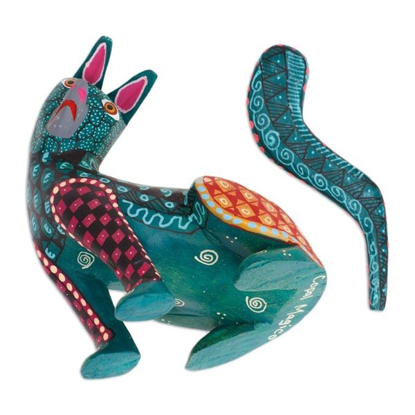 Alternate image for Wood Cat Alebrije Figurine in Green Hand-Painted in Mexico Curious Cat in Green