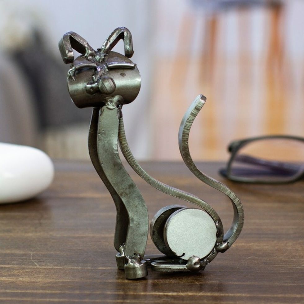 Eco-Friedly Cat-Themed Upcycled Metal Sculpture from Mexico 'Little Feline'