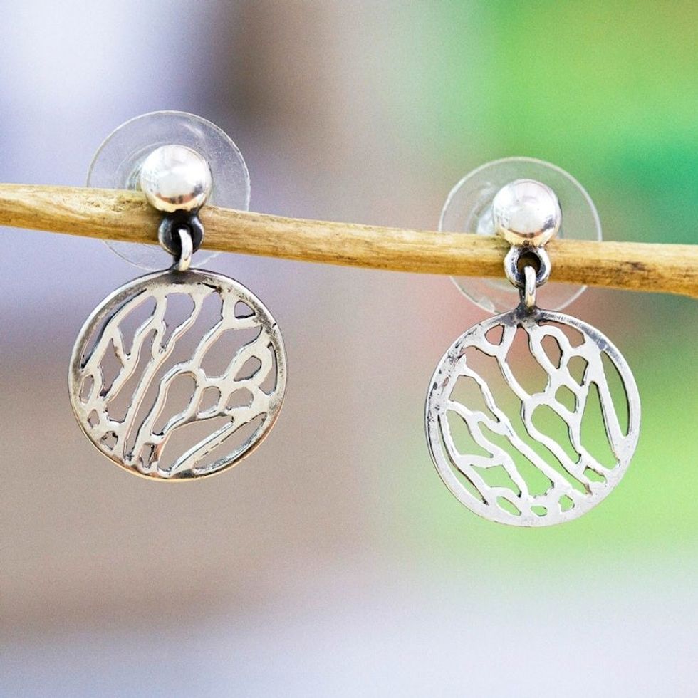 Wing-Patterned Round Sterling Silver Dangle Earrings 'Fluttering Soul'