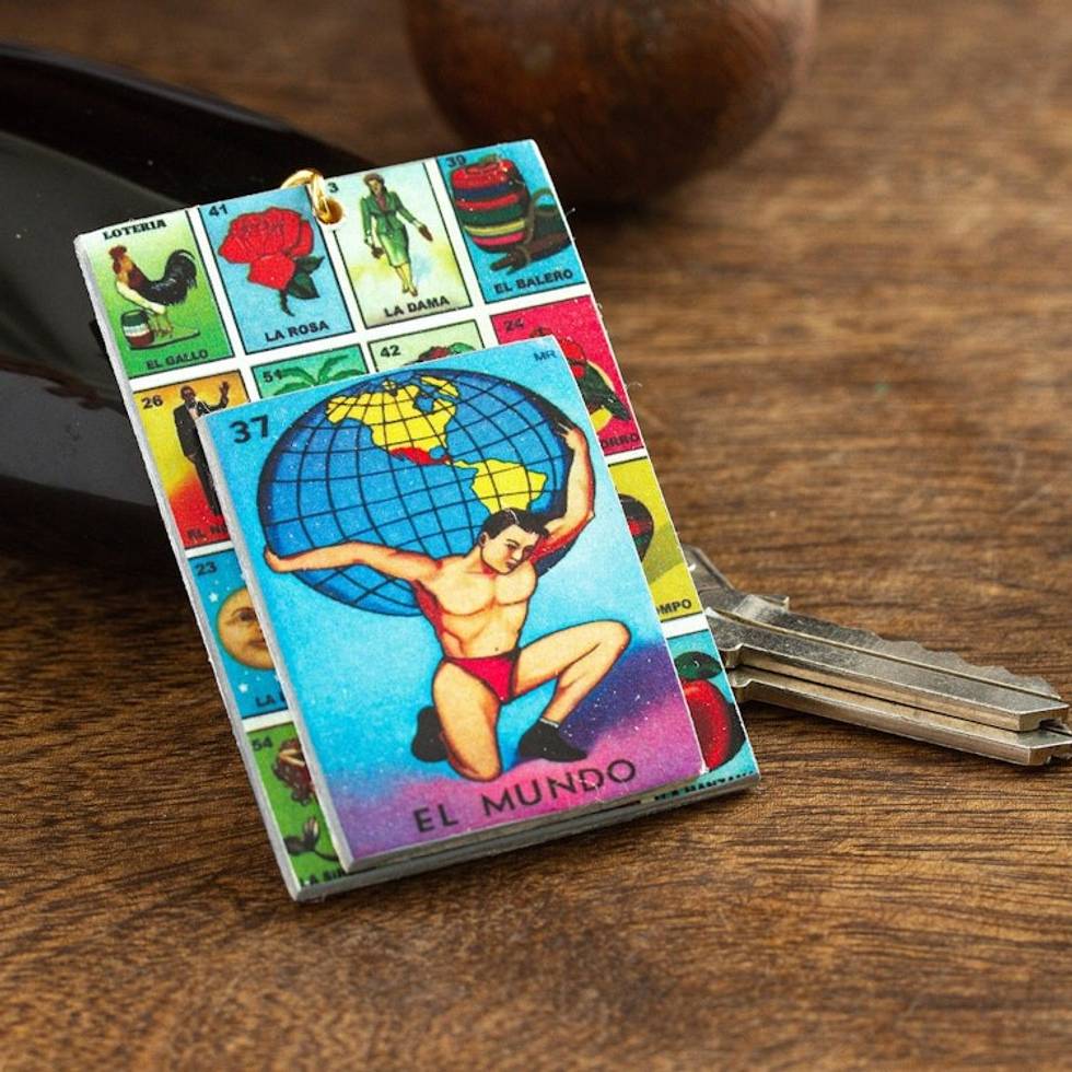 Decoupage Wooden Keychain With Mexican Loteria Motif 'The Globe'