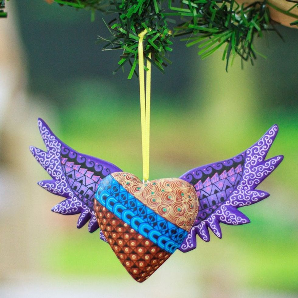 Hand-Painted Copal Wood Winged Heart Ornament in Purple 'Purple Wings of the Heart'