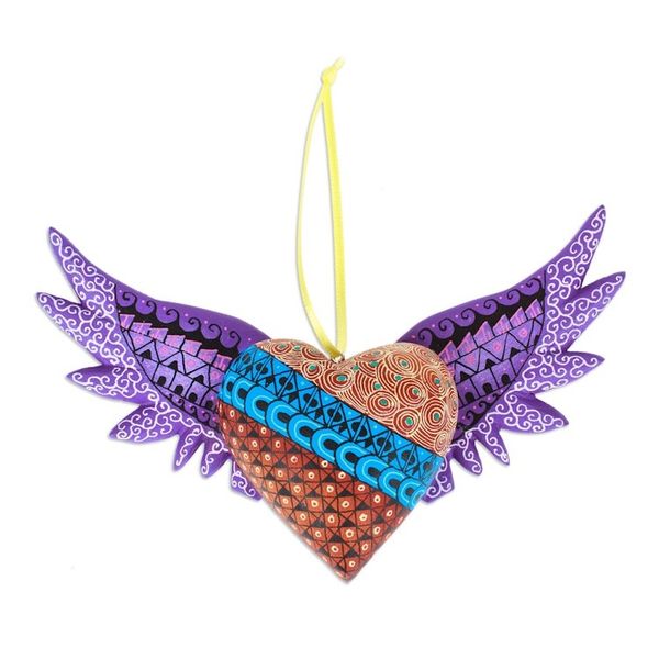 Alternate image for Hand-Painted Copal Wood Winged Heart Ornament in Purple Purple Wings of the Heart