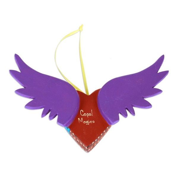 Alternate image for Hand-Painted Copal Wood Winged Heart Ornament in Purple Purple Wings of the Heart