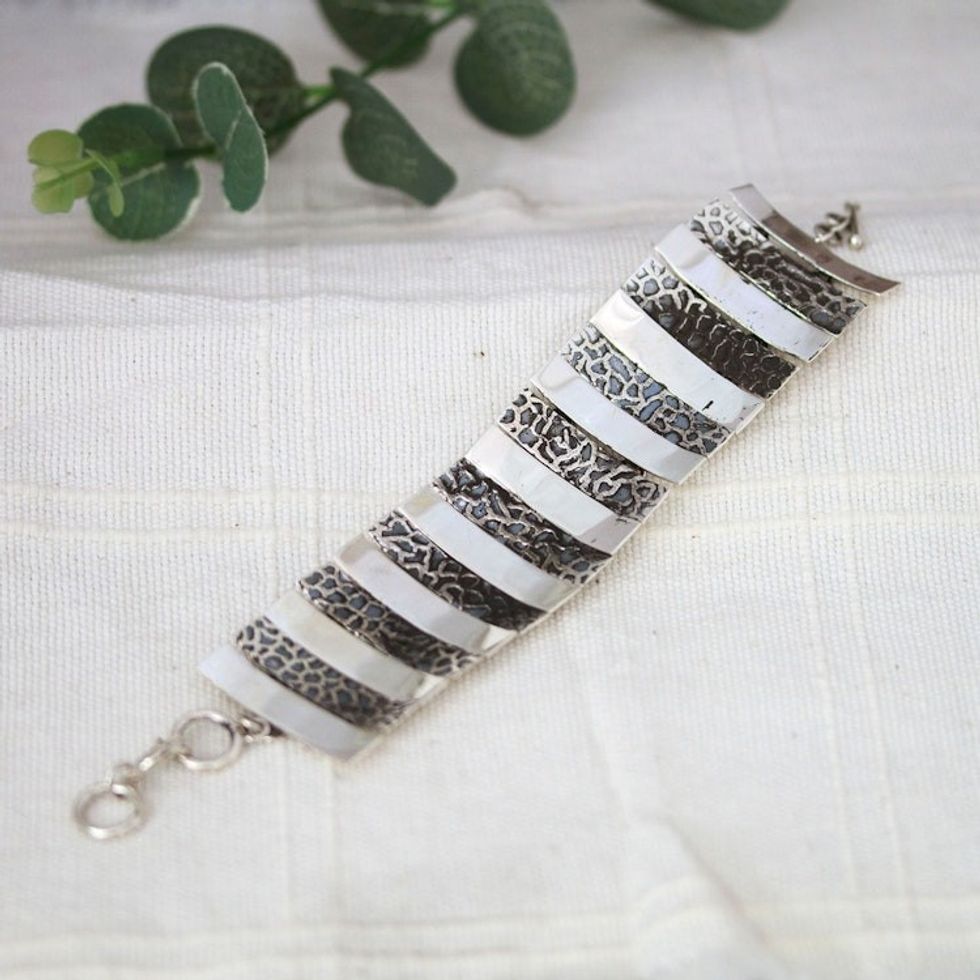 Polished and Animal Print Patterned Sterling Silver Bracelet 'Minimalist Wildness'
