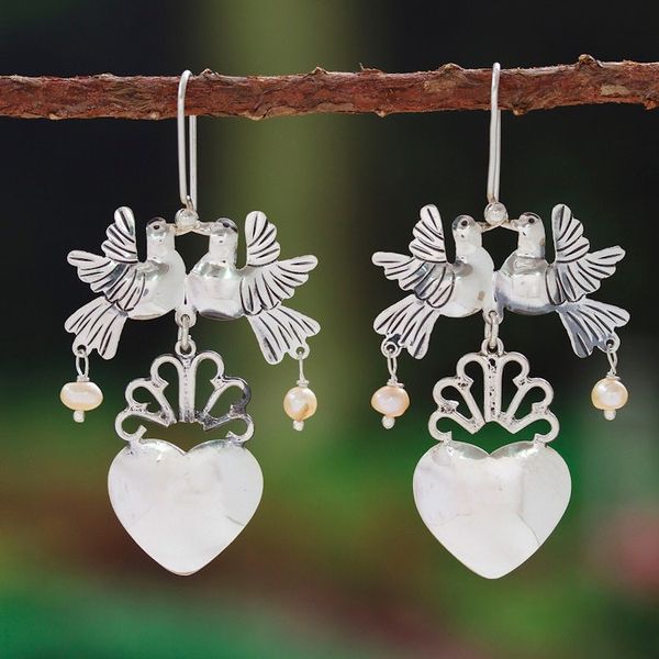 Alternate image for Taxco 925 Silver Cultured Pearl Bird Chandelier Earrings Bird Heart
