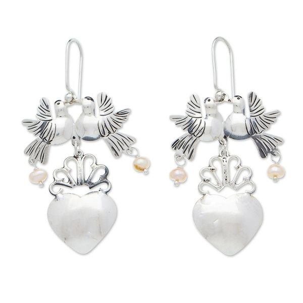 Alternate image for Taxco 925 Silver Cultured Pearl Bird Chandelier Earrings Bird Heart