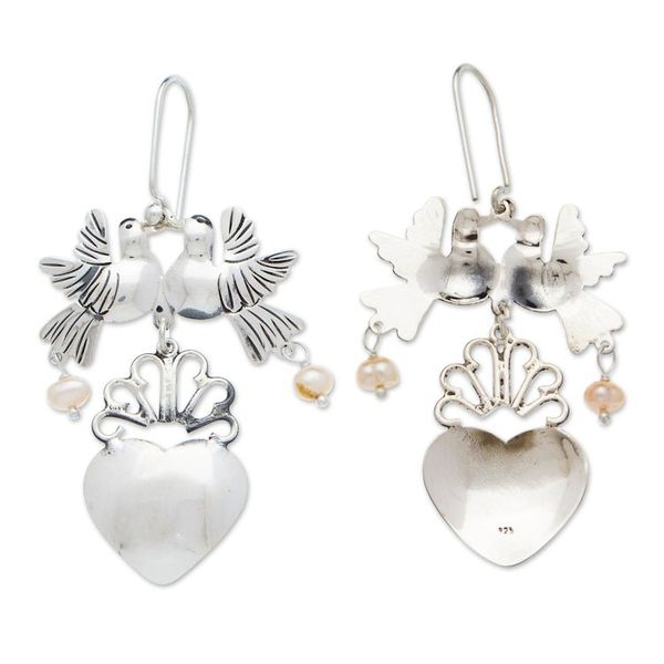 Alternate image for Taxco 925 Silver Cultured Pearl Bird Chandelier Earrings Bird Heart