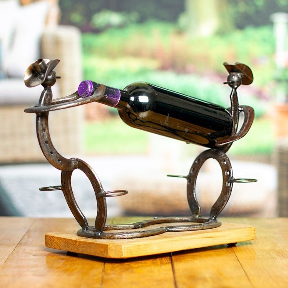 Mexican Handcrafted Oak Wood and Horseshoe Bottle Holder 'A Bottle for Everyone'