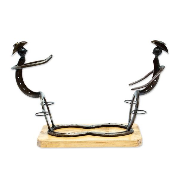 Alternate image for Mexican Handcrafted Oak Wood and Horseshoe Bottle Holder A Bottle for Everyone