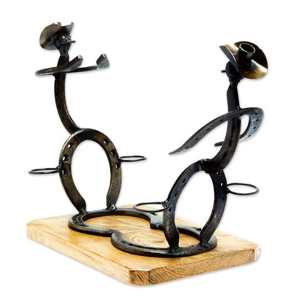 Alternate image for Mexican Handcrafted Oak Wood and Horseshoe Bottle Holder A Bottle for Everyone