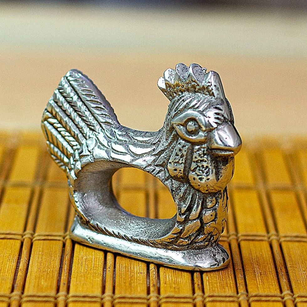 Textured Pewter Chicken Napkin Ring Handcrafted in Mexico 'Chicken Delight'