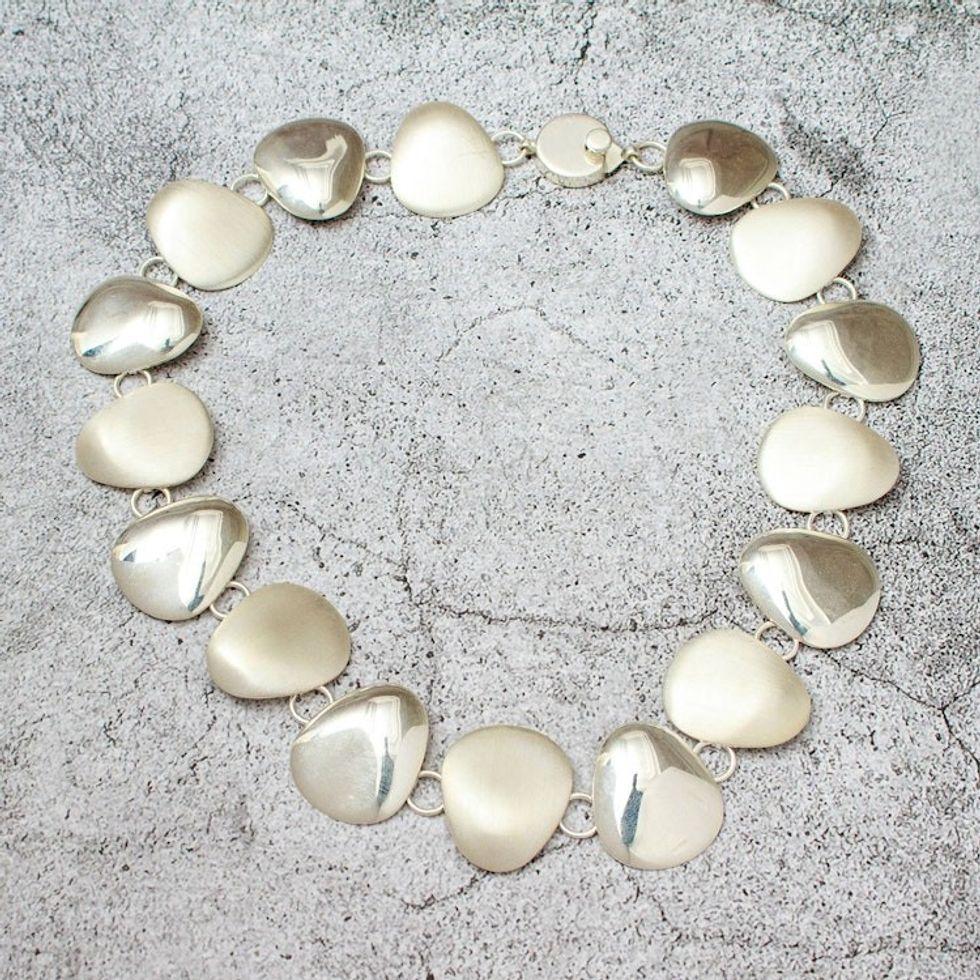 Polished Petal-Shaped Sterling Silver Link Necklace 'Celestial Petals'