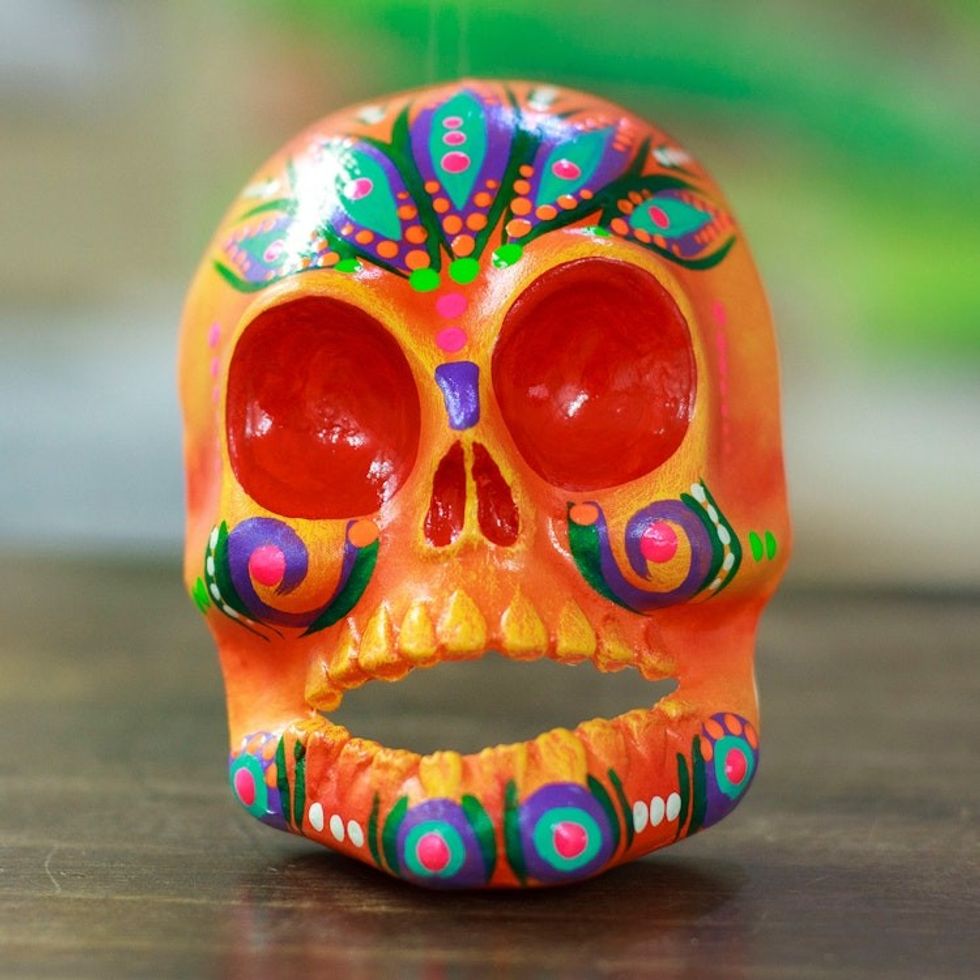 Hand-Painted Orange Recycled Cardboard Skull Mask 'Orange Underworld'