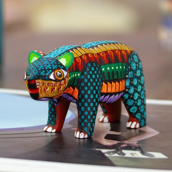 Alternate image for Handmade Geometric Vibrant Copal Wood Bear Alebrije Figurine The Noble Master in Dreams
