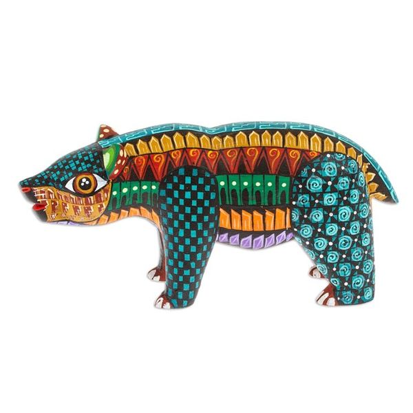 Alternate image for Handmade Geometric Vibrant Copal Wood Bear Alebrije Figurine The Noble Master in Dreams