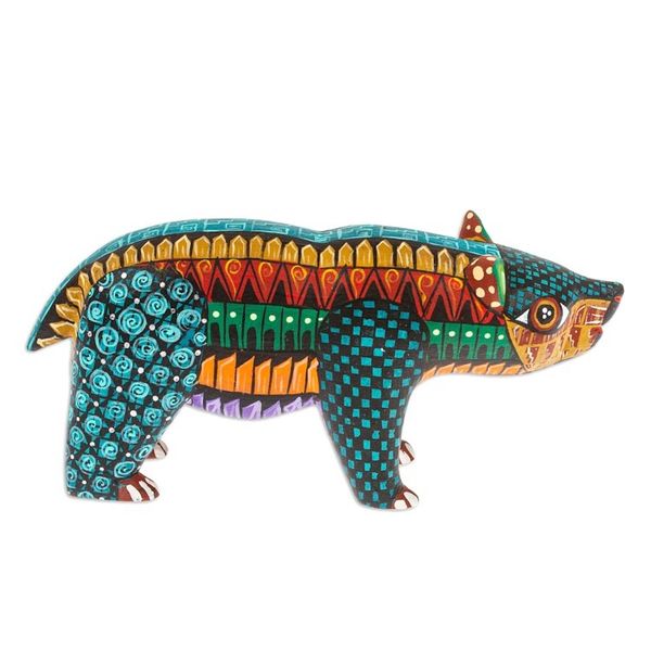 Alternate image for Handmade Geometric Vibrant Copal Wood Bear Alebrije Figurine The Noble Master in Dreams