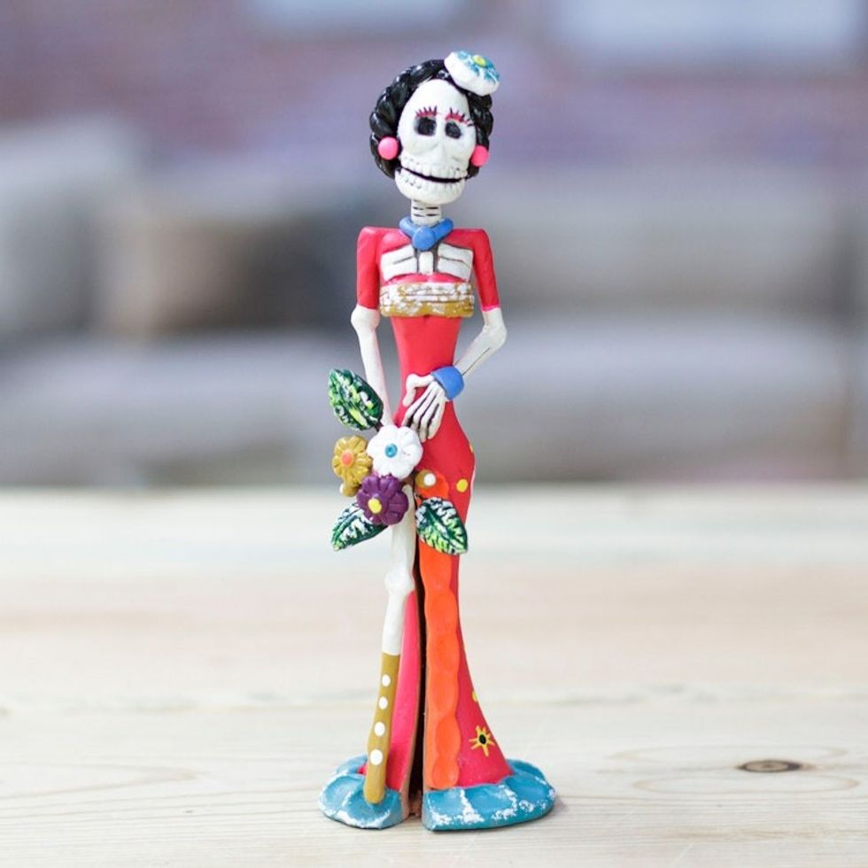 Painted Warm-Toned Floral Frida Catrina Ceramic Sculpture 'Frida Catrina in Spring'