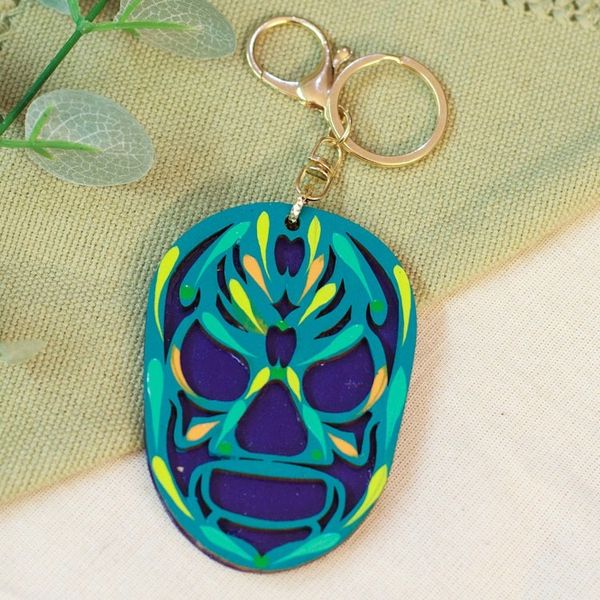 Alternate image for Hand-Painted Wood Mexican Wrestler Mask Keychain Bag Charm Mexican Wrestler